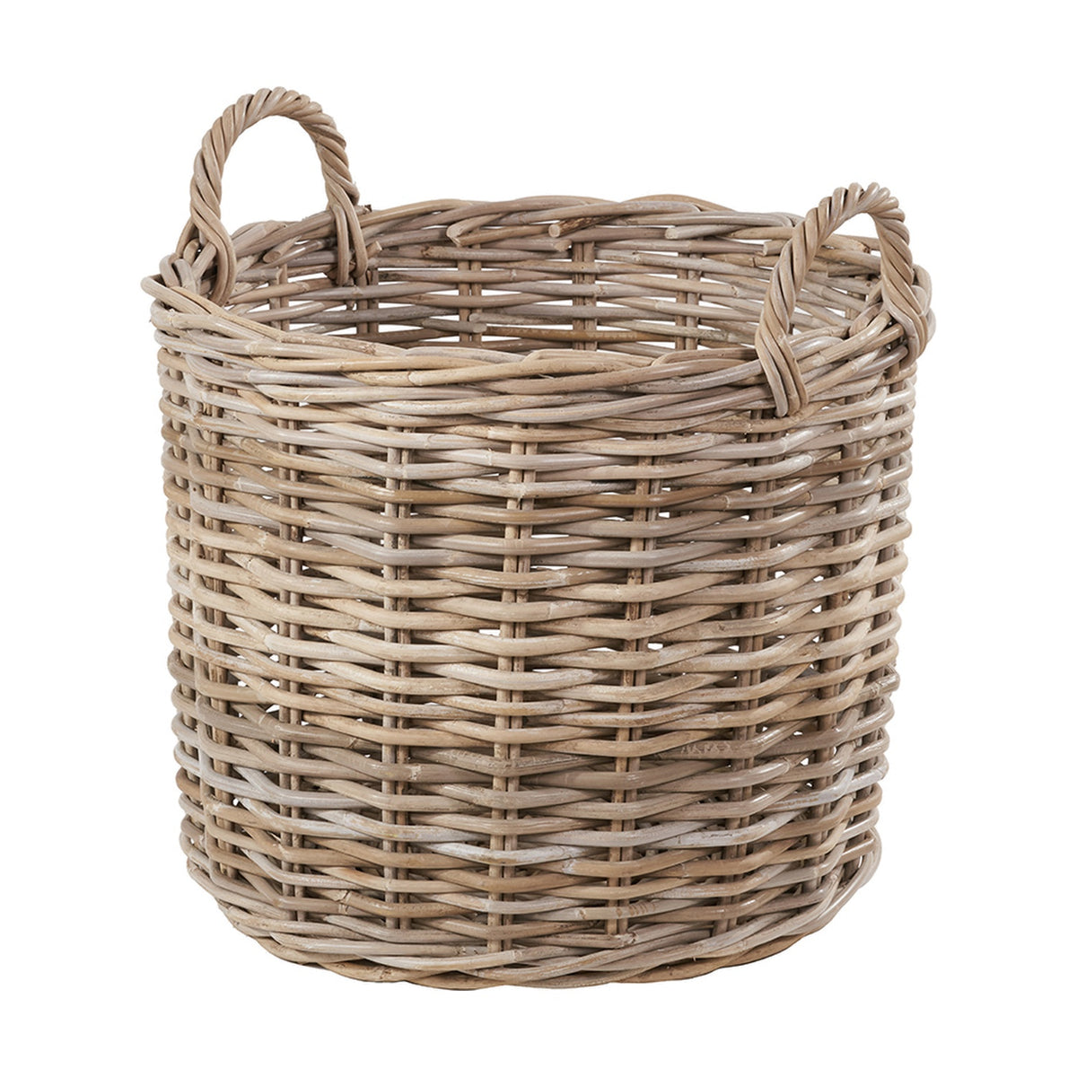 Round grey rattan log basket with two twisted top handles and woven sides, 56cm wide, shown on a plain white background.