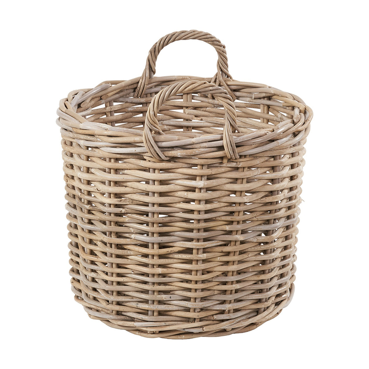 Round grey rattan log basket with two woven carrying handles at the rim, tapered sides, and visible open-weave texture, shown on a plain white background.