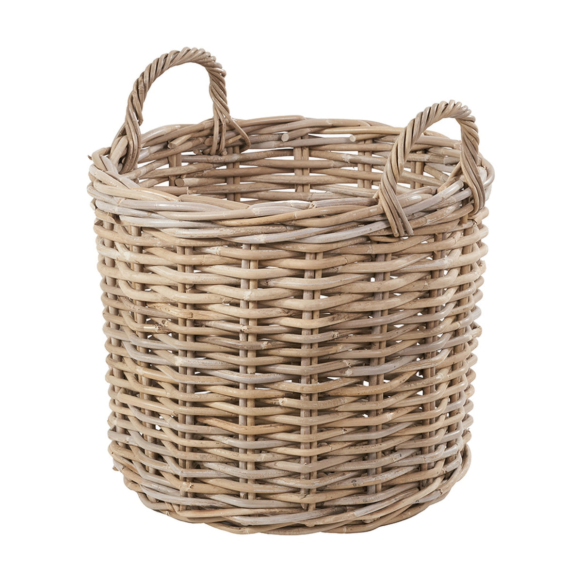 Round grey rattan log basket with two woven handles, 56cm wide, shown on a plain white background.