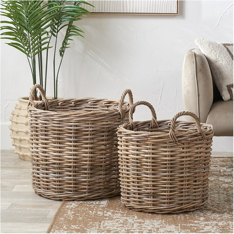 Tobs Set of 2 Grey Rattan Round Log Baskets - 56cm