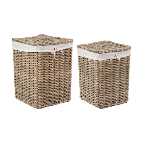 Tobs Set of 2 Grey Kubu Rattan Linen Baskets, 58cm, square woven storage hampers with domed lids and white fabric liners, shown on a plain white background.