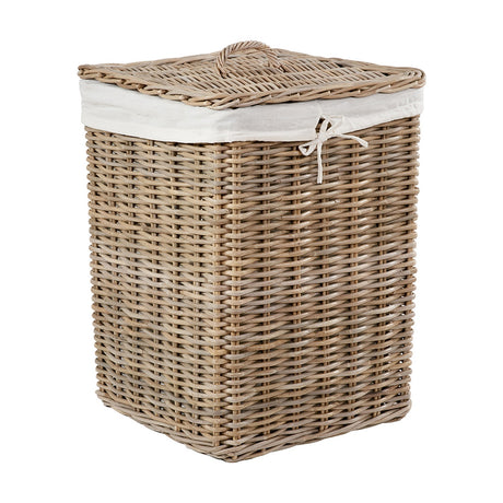Square grey Kubu rattan linen basket with domed lid, loop handle, and white fabric liner tied at the front, shown on a plain white background.