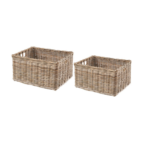 Set of two rectangular grey Kubu rattan storage baskets with cut-out handles, shown in graduated sizes on a plain white background.