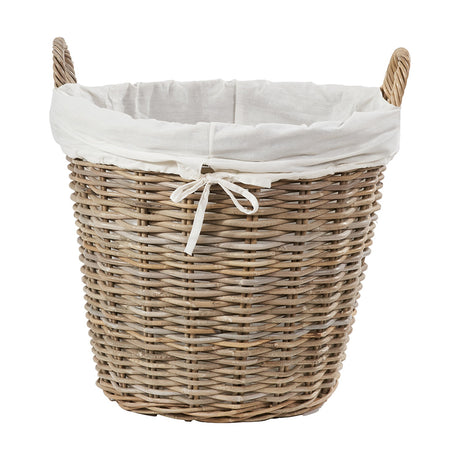 Tobs Grey Kubu Rattan Lined Basket, 50cm, round woven storage basket with two side handles and white fabric lining tied at the front, shown on a plain white background.