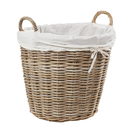 Tobs Grey Kubu Rattan Lined Basket, 50cm, round woven storage basket with two looped handles and white fabric liner tied with a drawstring bow, shown on a plain white background.