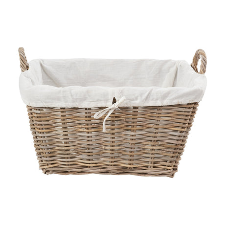 Tobs grey Kubu rattan rectangular storage basket with white fabric lining, twisted handles and a tie fastening, shown on a plain white background.