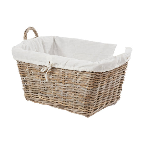 Rectangular grey Kubu rattan storage basket with white fabric lining and woven carry handle, shown on a plain white background.