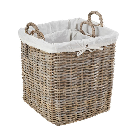 Square grey Kubu rattan log basket with white fabric liner and two woven handles, shown on a plain white background.