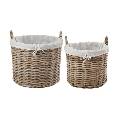 Set of two round grey Kubu rattan log baskets with white fabric linings and woven handles, shown on a plain white background.