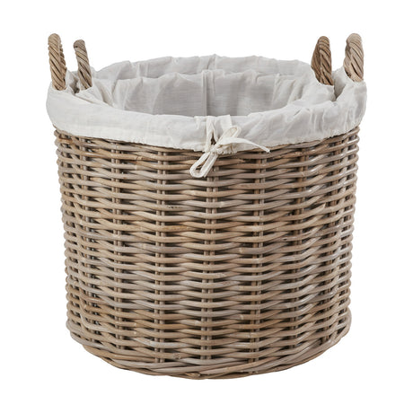 Round grey Kubu rattan log basket, 55cm, with white fabric lining and tied drawstring, rope-wrapped handles, on a plain white background.