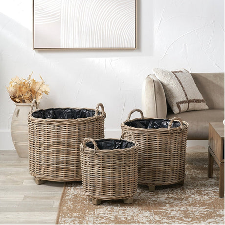 Tobs Set of 3 Indoor Outdoor Grey Kubu Rattan Round Basket Planters