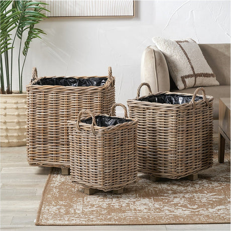 Tobs Set of 3 Indoor Outdoor Grey Kubu Rattan Basket Planters
