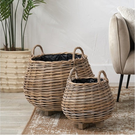 Tobs Set of 2 Indoor Outdoor Grey Kubu Rattan Bulbous Basket Planters