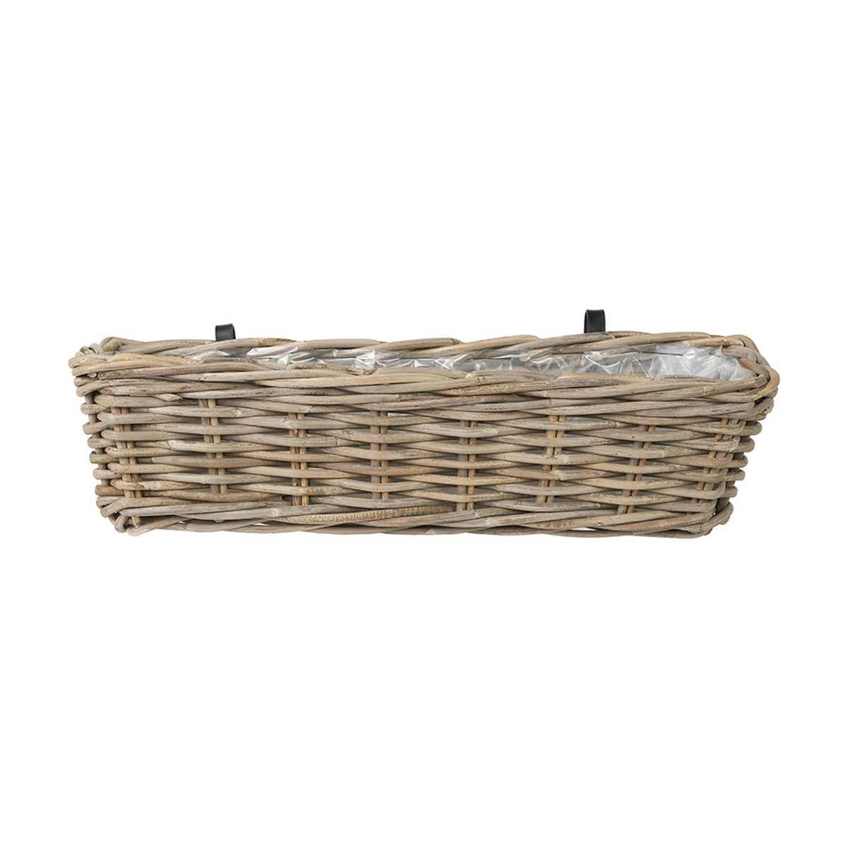 Rectangular grey Kubu rattan wall hanging trough planter with a woven finish and two black metal mounting brackets, shown on a plain white background.