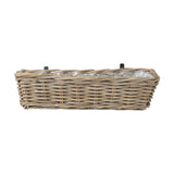 Rectangular grey Kubu rattan wall hanging trough planter with a woven finish and two black metal mounting brackets, shown on a plain white background.