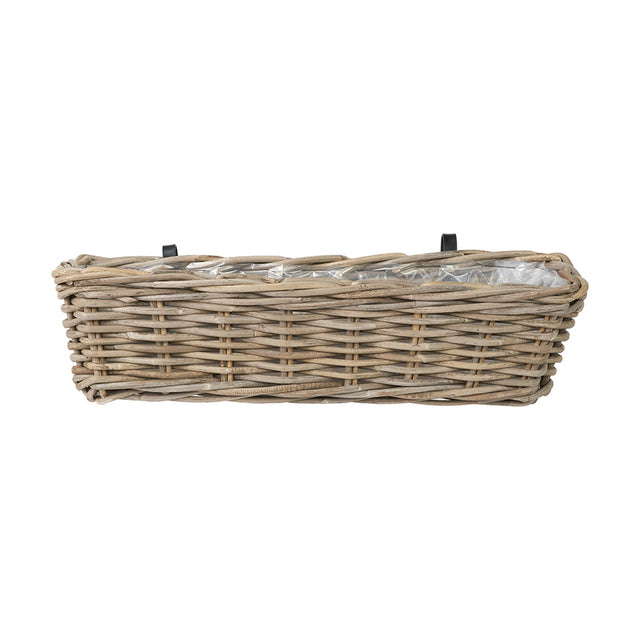 Rectangular grey Kubu rattan wall hanging trough planter with a woven finish and two black metal mounting brackets, shown on a plain white background.