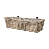 Rectangular grey Kubu rattan wall hanging trough planter with a woven finish, plastic liner, and black metal mounting brackets, shown on a plain white background.