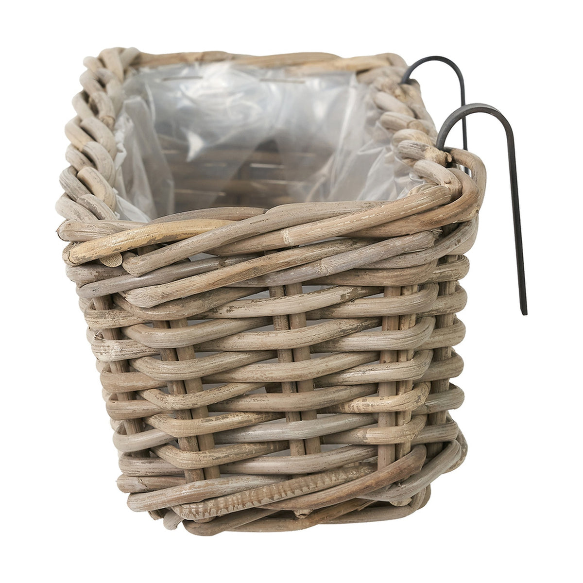 Square grey Kubu rattan wall hanging trough planter with a plastic liner and two black metal wall hooks, shown on a plain white background.