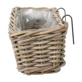 Square grey Kubu rattan wall hanging trough planter with a plastic liner and two black metal wall hooks, shown on a plain white background.