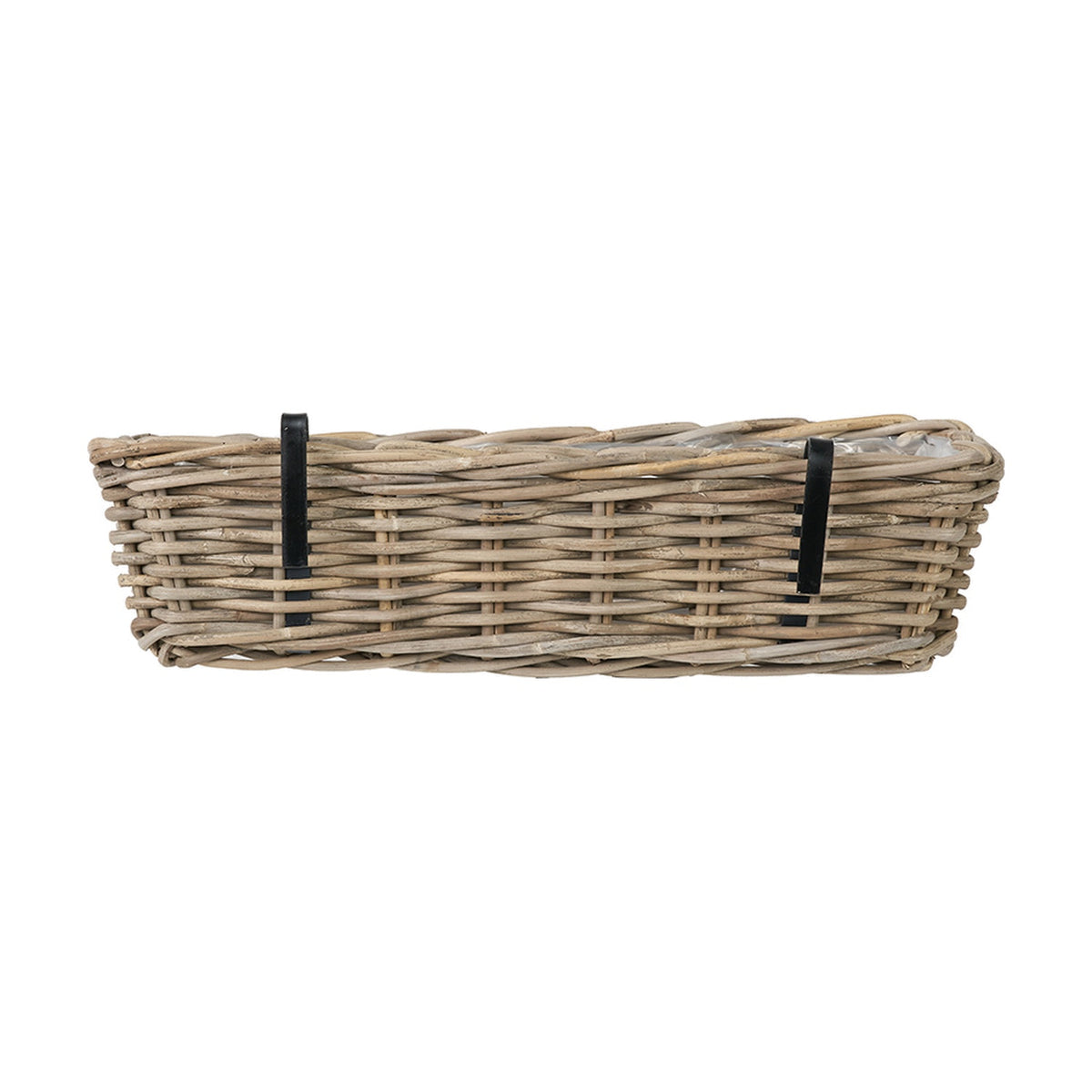 Rectangular grey Kubu rattan wall hanging trough planter with woven finish and two black metal mounting brackets, shown against a plain white background.