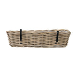 Rectangular grey Kubu rattan wall hanging trough planter with woven finish and two black metal mounting brackets, shown against a plain white background.
