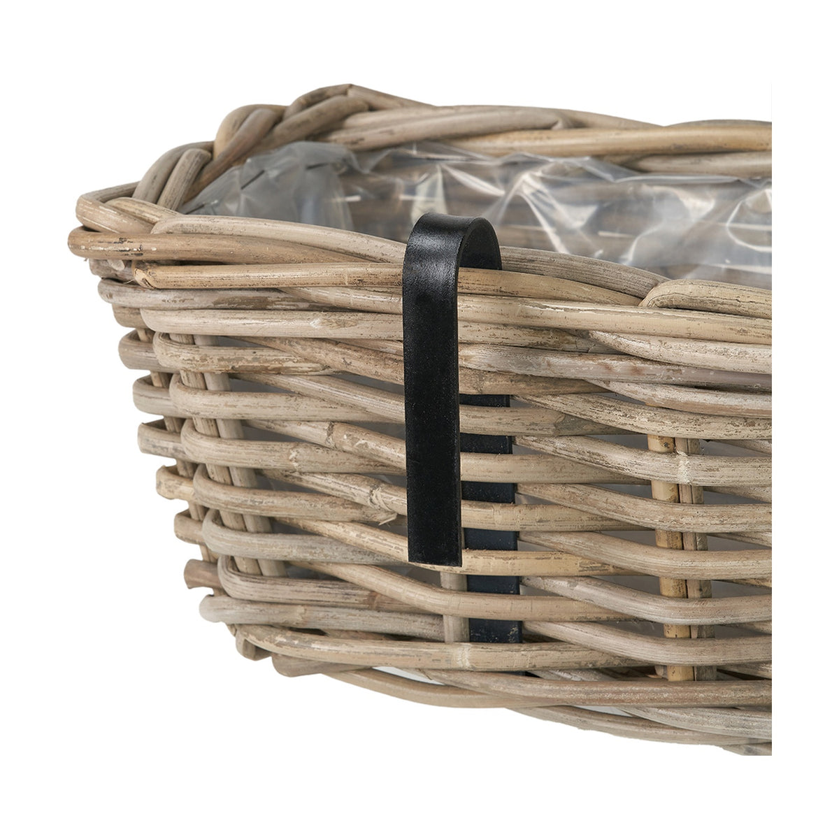 Close-up of the Tobs grey Kubu rattan wall hanging trough planter, showing woven rattan texture with a black metal handle and clear plastic liner, on a white background.