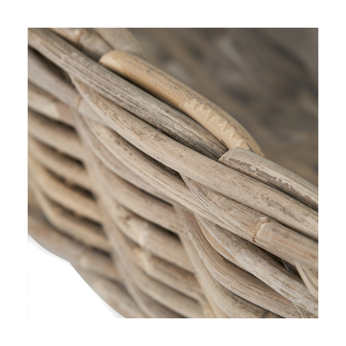 Close-up of the Tobs grey Kubu rattan wall hanging trough planter, showing the woven rattan texture and interlaced strand detail.