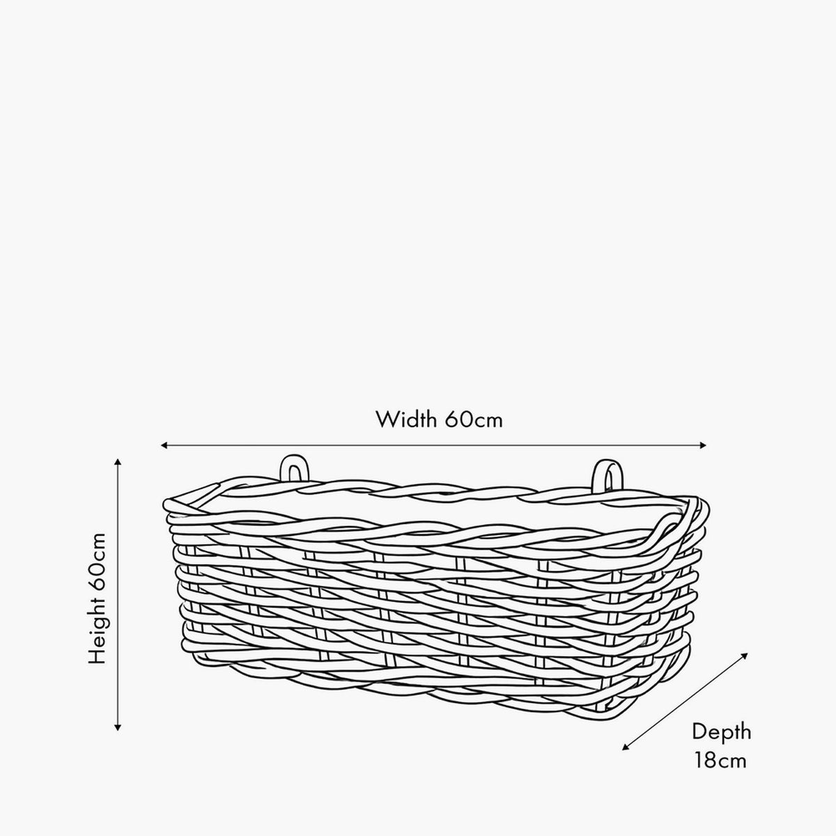 Line drawing of the Tobs grey Kubu rattan wall hanging trough planter with two mounting hooks, labelled 60cm width, 60cm height, and 18cm depth.