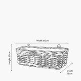 Line drawing of the Tobs grey Kubu rattan wall hanging trough planter with two mounting hooks, labelled 60cm width, 60cm height, and 18cm depth.