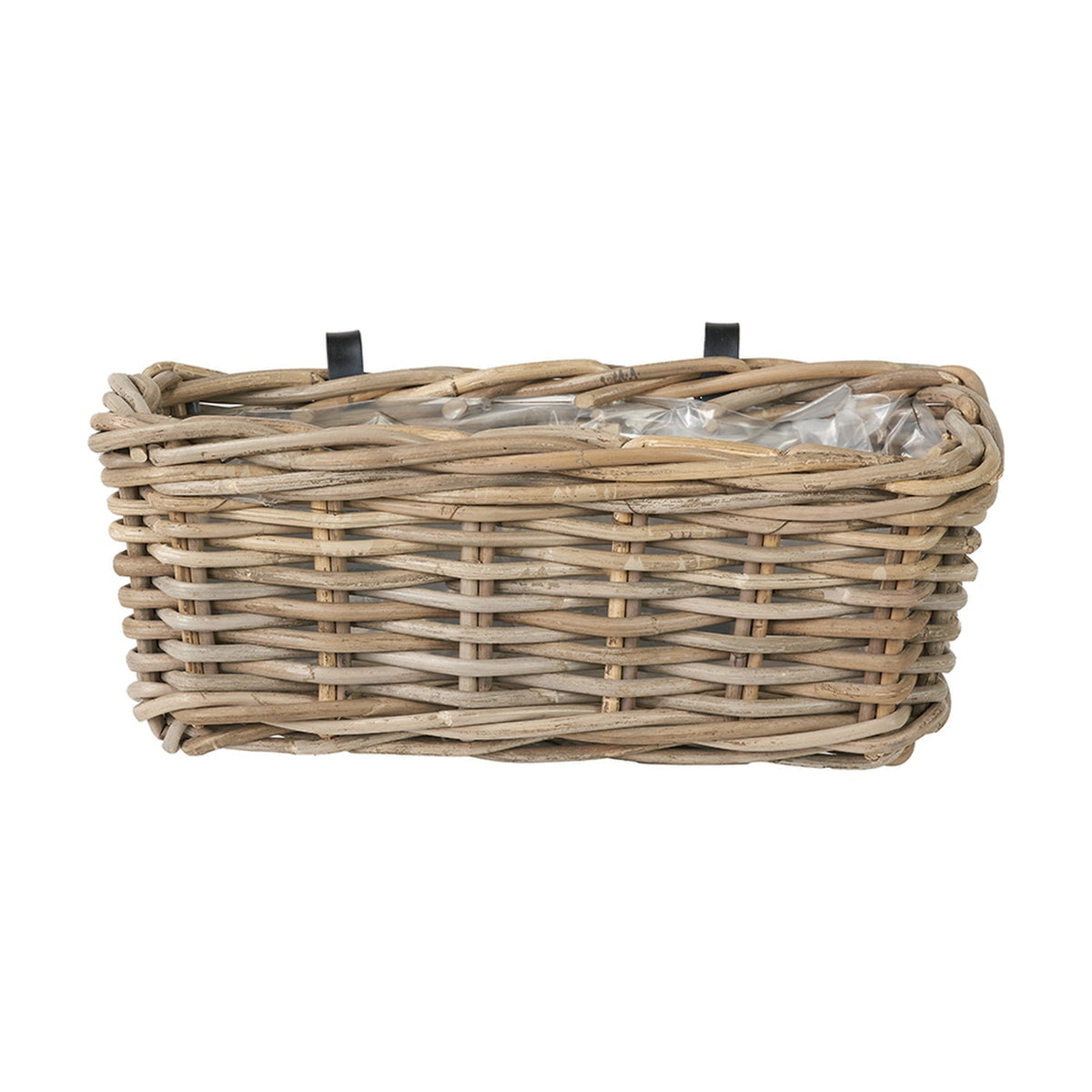 Rectangular grey Kubu rattan wall hanging trough planter with woven texture and black metal mounting brackets, shown on a plain white background.