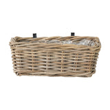 Rectangular grey Kubu rattan wall hanging trough planter with woven texture and black metal mounting brackets, shown on a plain white background.