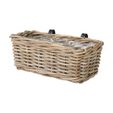 Tobs rectangular wall hanging trough planter in grey Kubu rattan with woven sides and black metal mounting brackets, plastic liner visible, shown on a white background.