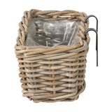 Grey Kubu rattan wall hanging trough planter with square woven basket, clear plastic liner, and black metal wall hooks, shown on a plain white background.