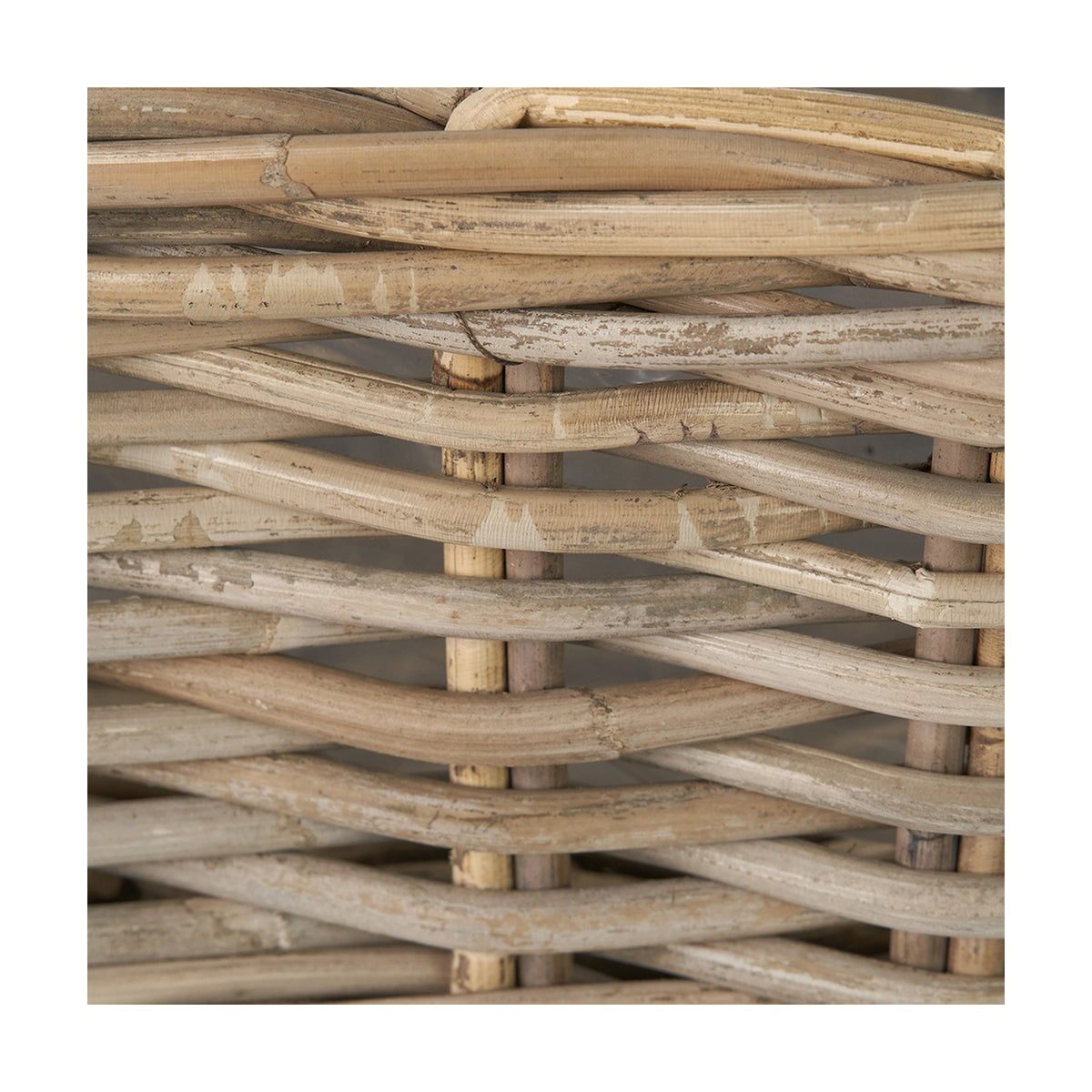 Close-up of the Tobs grey Kubu rattan wall hanging trough planter, showing its woven open-weave texture and natural fibre strands.