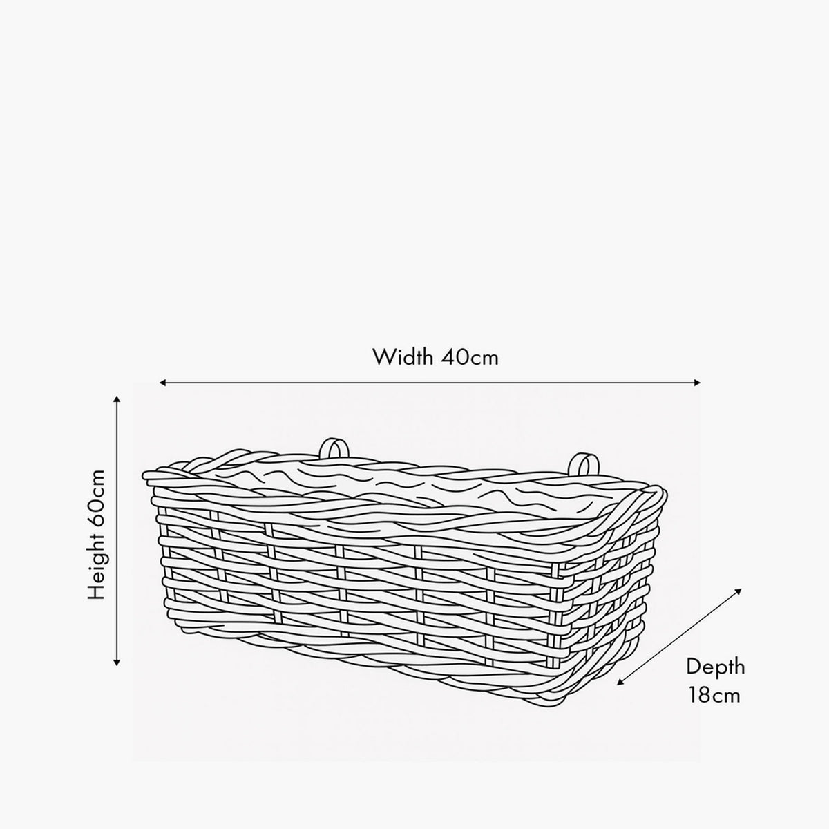 Line drawing of the Tobs grey Kubu rattan wall hanging trough planter with two mounting loops, labelled 40cm width, 60cm height and 18cm depth.