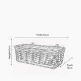Line drawing of the Tobs grey Kubu rattan wall hanging trough planter with two mounting loops, labelled 40cm width, 60cm height and 18cm depth.