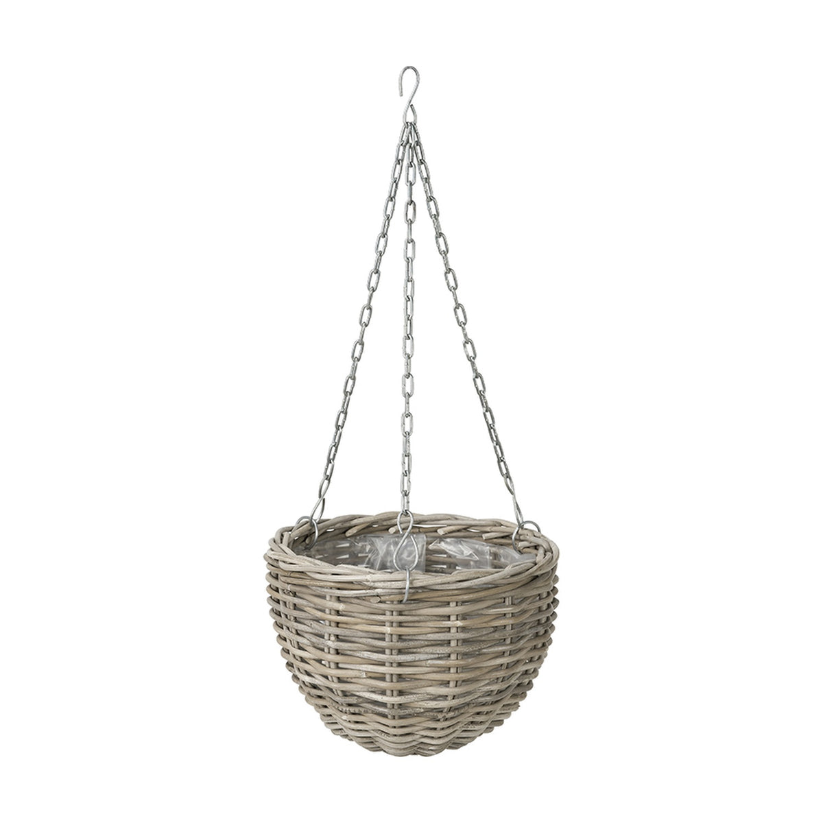 Grey Kubu rattan hanging basket planter, 35cm wide, with plastic liner and triple metal chain suspension ending in a hook, shown against a plain white background.