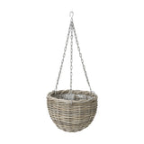 Grey Kubu rattan hanging basket planter, 35cm wide, with plastic liner and triple metal chain suspension ending in a hook, shown against a plain white background.