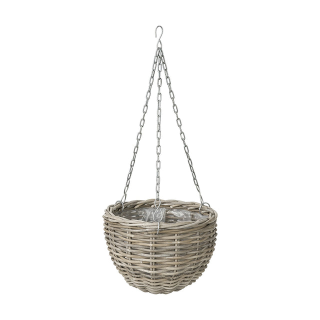 Grey Kubu rattan hanging basket planter, 35cm wide, with plastic liner and triple metal chain suspension ending in a hook, shown against a plain white background.