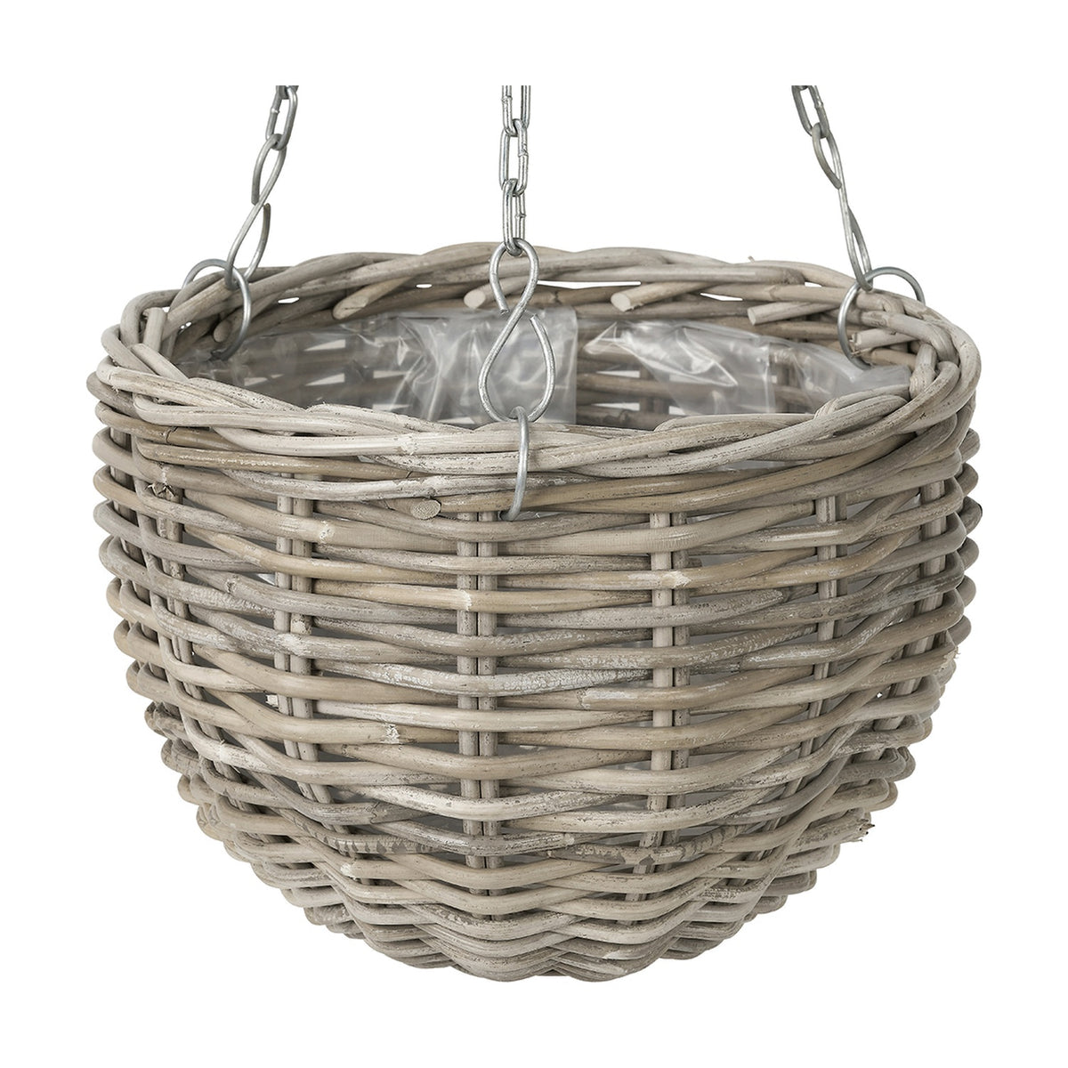 Tobs Indoor Outdoor Grey Kubu Rattan Large Hanging Basket, 35cm, woven rattan planter with plastic liner and metal chain hooks, shown on a plain white background.