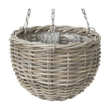 Tobs Indoor Outdoor Grey Kubu Rattan Large Hanging Basket, 35cm, woven rattan planter with plastic liner and metal chain hooks, shown on a plain white background.