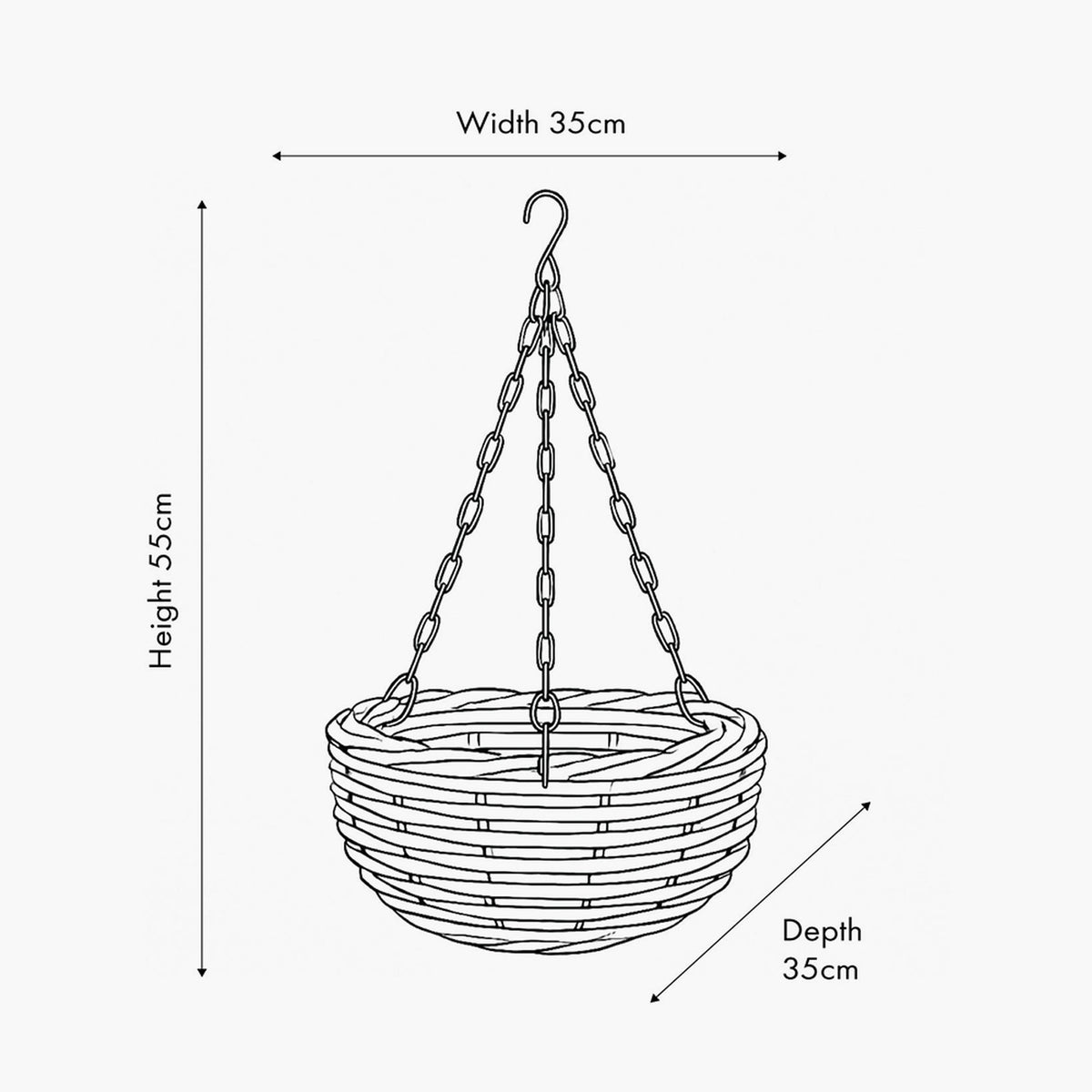 Line drawing of the Tobs Grey Kubu Rattan Large Hanging Basket, 35cm, with woven rattan bowl and triple chain hook, labelled with width, height and depth dimensions.