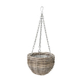 Tobs 25cm grey Kubu rattan hanging basket planter with plastic liner, suspended from a triple silver chain and hook, shown on a plain white background.