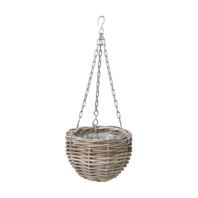 Tobs 25cm grey Kubu rattan hanging basket planter with plastic liner, suspended from a triple silver chain and hook, shown on a plain white background.
