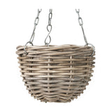 Grey Kubu rattan hanging basket planter, 25cm, woven round design with metal chain and hook fittings, shown against a plain white background.