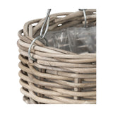 Close-up of the Tobs Indoor Outdoor Grey Kubu Rattan Small Hanging Basket, 25cm, showing woven rattan texture, metal hook, and plastic liner against a white background.