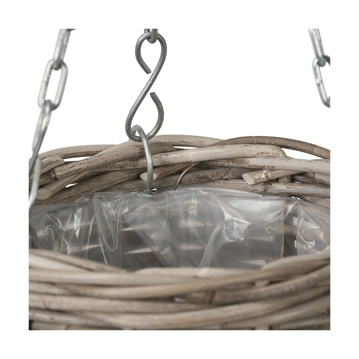 Close-up of the Tobs 25cm grey Kubu rattan hanging basket, showing woven rattan sides, a metal S-hook chain fitting, and a clear plastic liner inside.