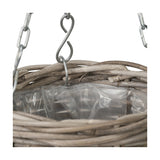 Close-up of the Tobs 25cm grey Kubu rattan hanging basket, showing woven rattan sides, a metal S-hook chain fitting, and a clear plastic liner inside.