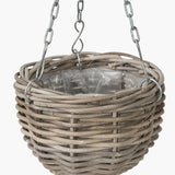 Grey Kubu rattan hanging basket, 25cm, woven round planter with plastic liner, suspended by triple steel chains, shown against a plain white background.