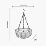 Line drawing of the Tobs grey Kubu rattan hanging basket with chain and hook, labelled 25cm width, 25cm depth and 45cm height on a white background.